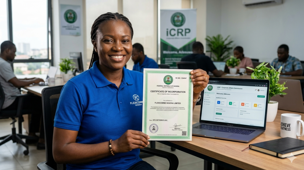 Nigerian entrepreneur holding a CAC Certificate of Registration with the iCRP portal