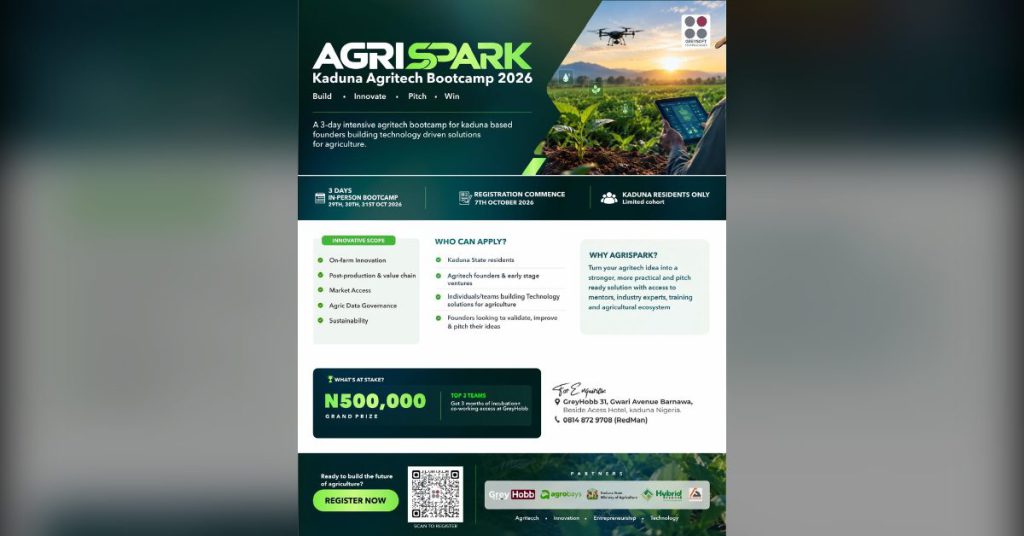 Kaduna AgriSpark 2026 agritech bootcamp, hackathon and pitchathon flyer
