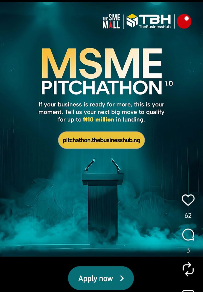 TBH MSME Pitch-A-Ton 1.0 grant and loan support flyer for Nigerian businesses